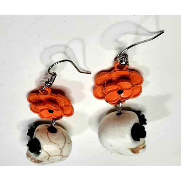 Gothic Dia De Los Muertos Skull Earrings Orange Marigold Floral Dangle Boho - Picture 7 of 8